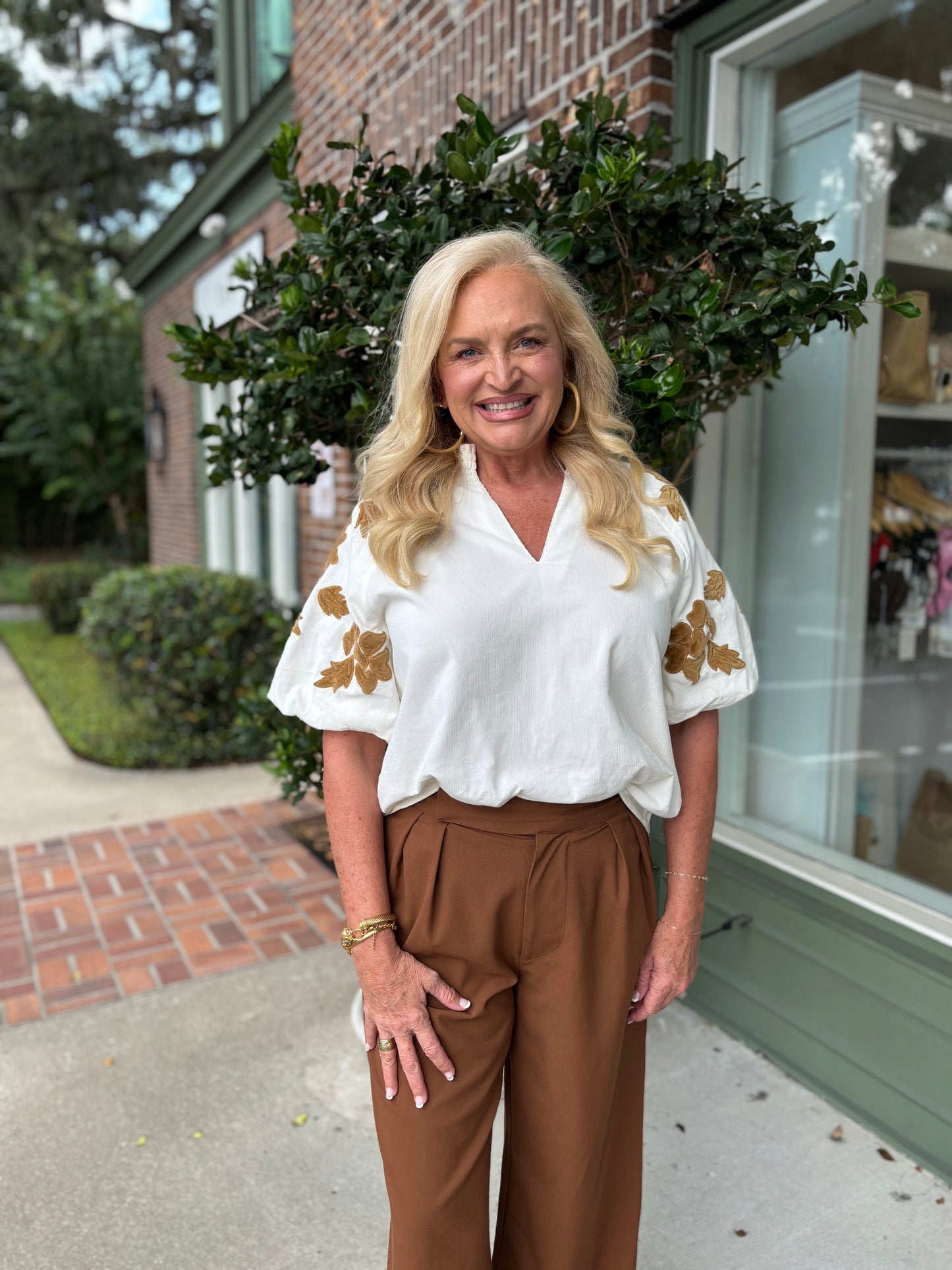 Chenille Puff Sleeve Top - Cream
