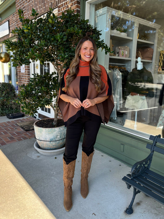 Colorblock Turtleneck Knit Poncho - Brown