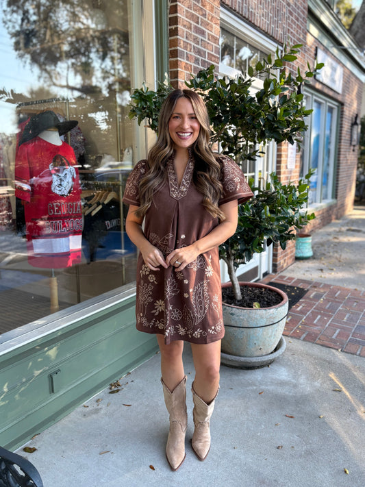 Short Sleeve Embroidered Detail Dress - Brown