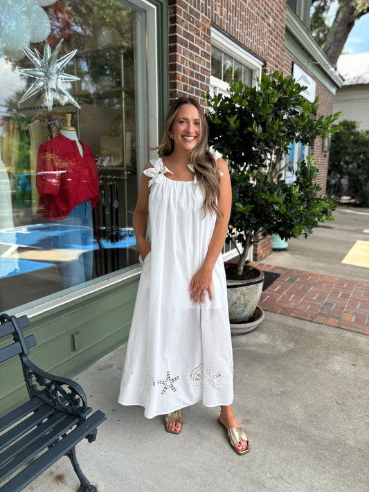 Embroidered Maxi Dress with Floral Shoulder Accents - Off White