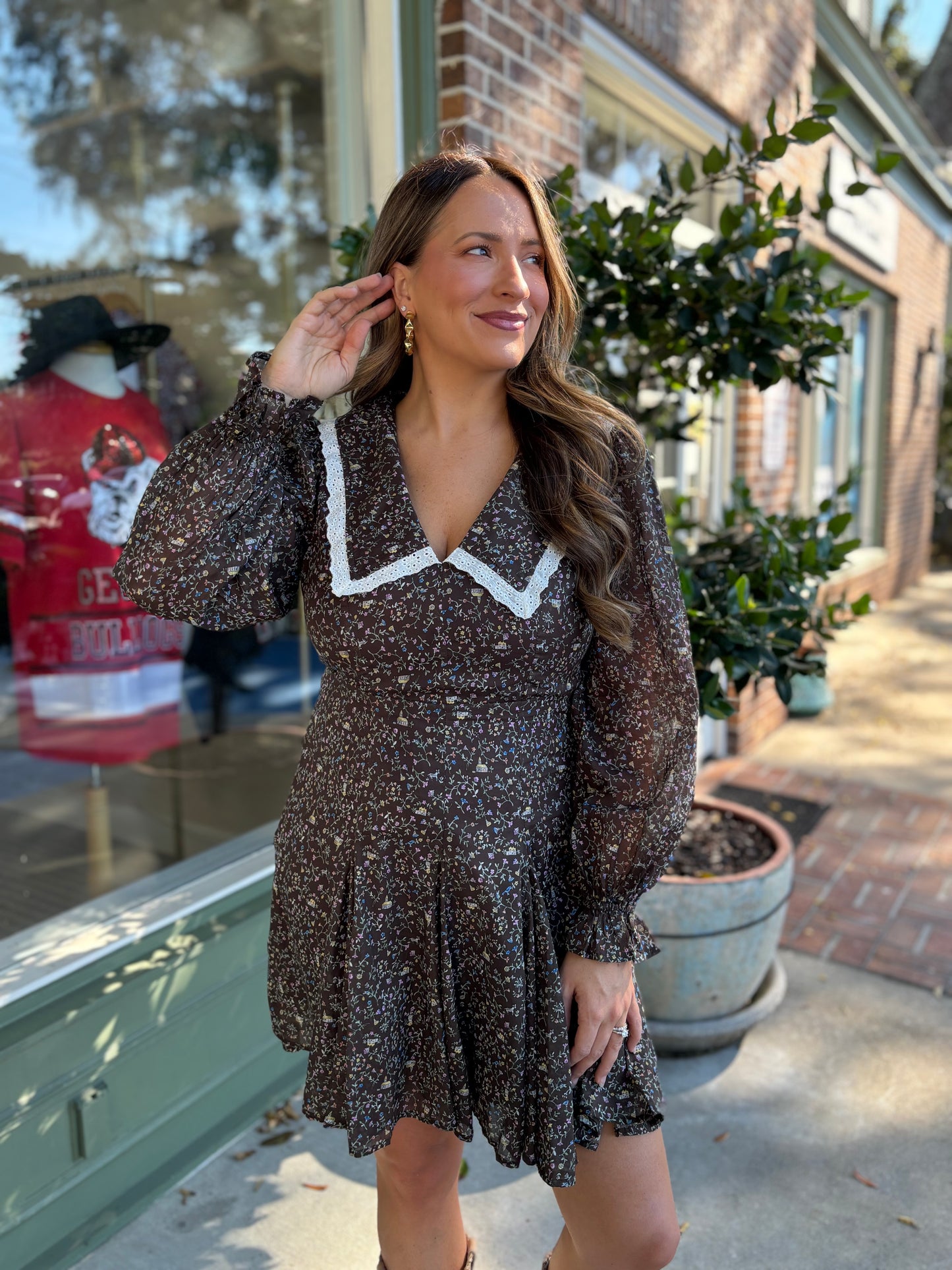 Peter Pan Collared Floral Dress - Mocha