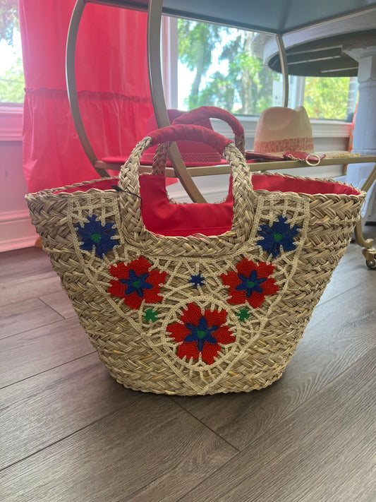 Embroidered Basket Tote Bag