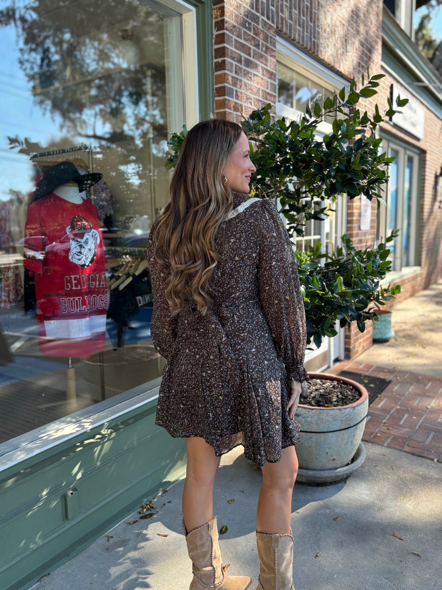 Peter Pan Collared Floral Dress - Mocha