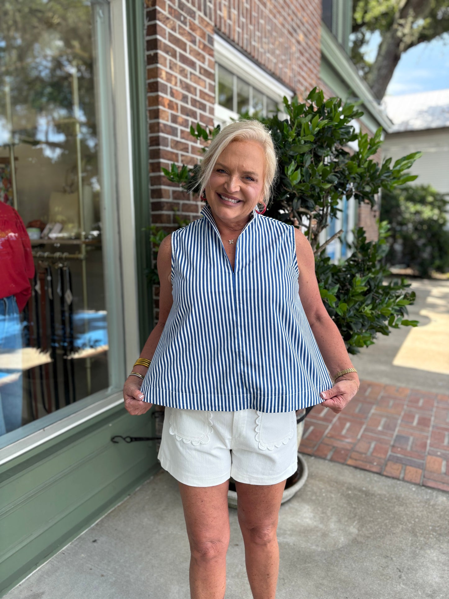 Stand Collar Slit V-Neck Sleeveless Stripe Top - Blue