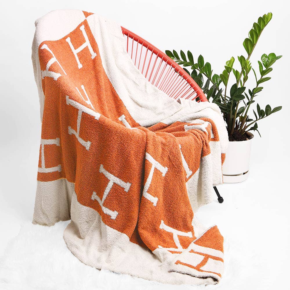 Initial Monogram H Patterned Reversible Throw Blanket - Orange