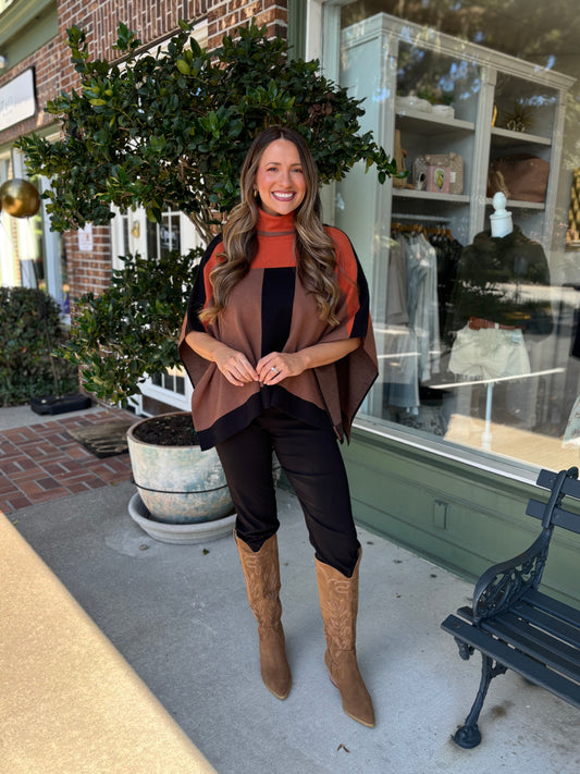 Colorblock Turtleneck Knit Poncho - Brown