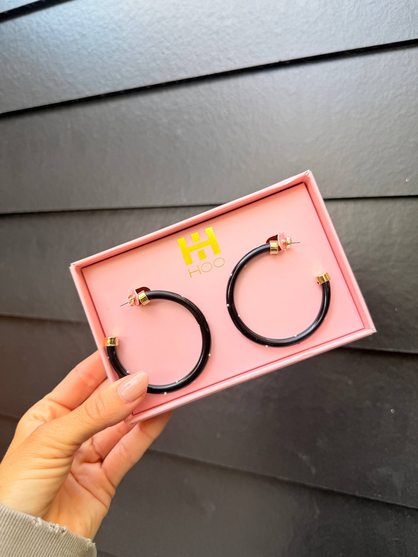 Lightweight Large Hoop Earrings - Black with Pearls