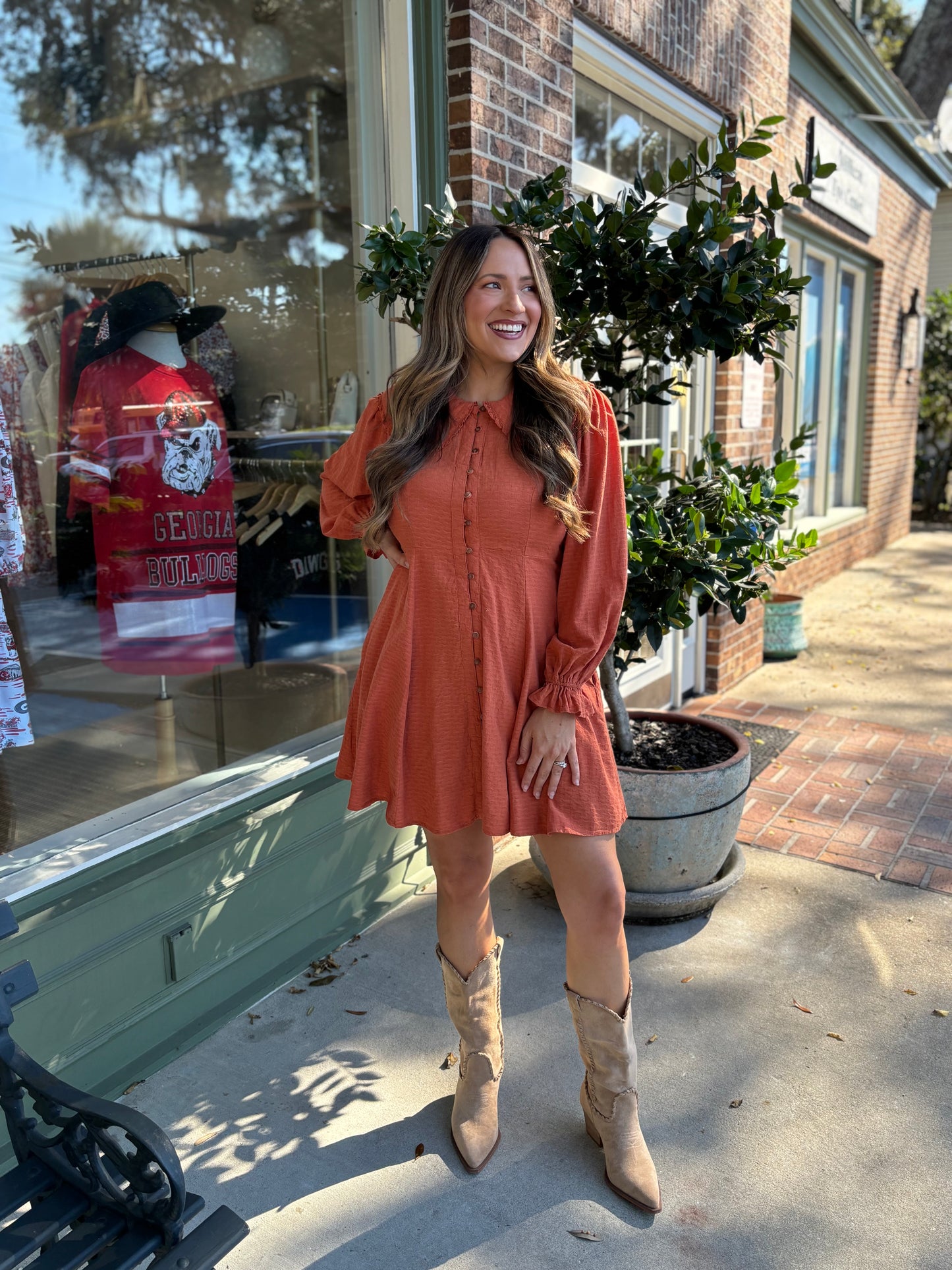 Doll Collared Button Down Dress - Rust