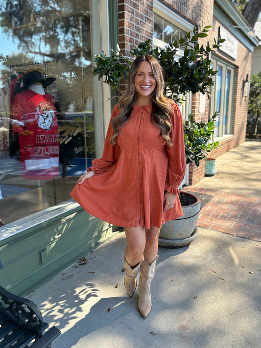 Doll Collared Button Down Dress - Rust