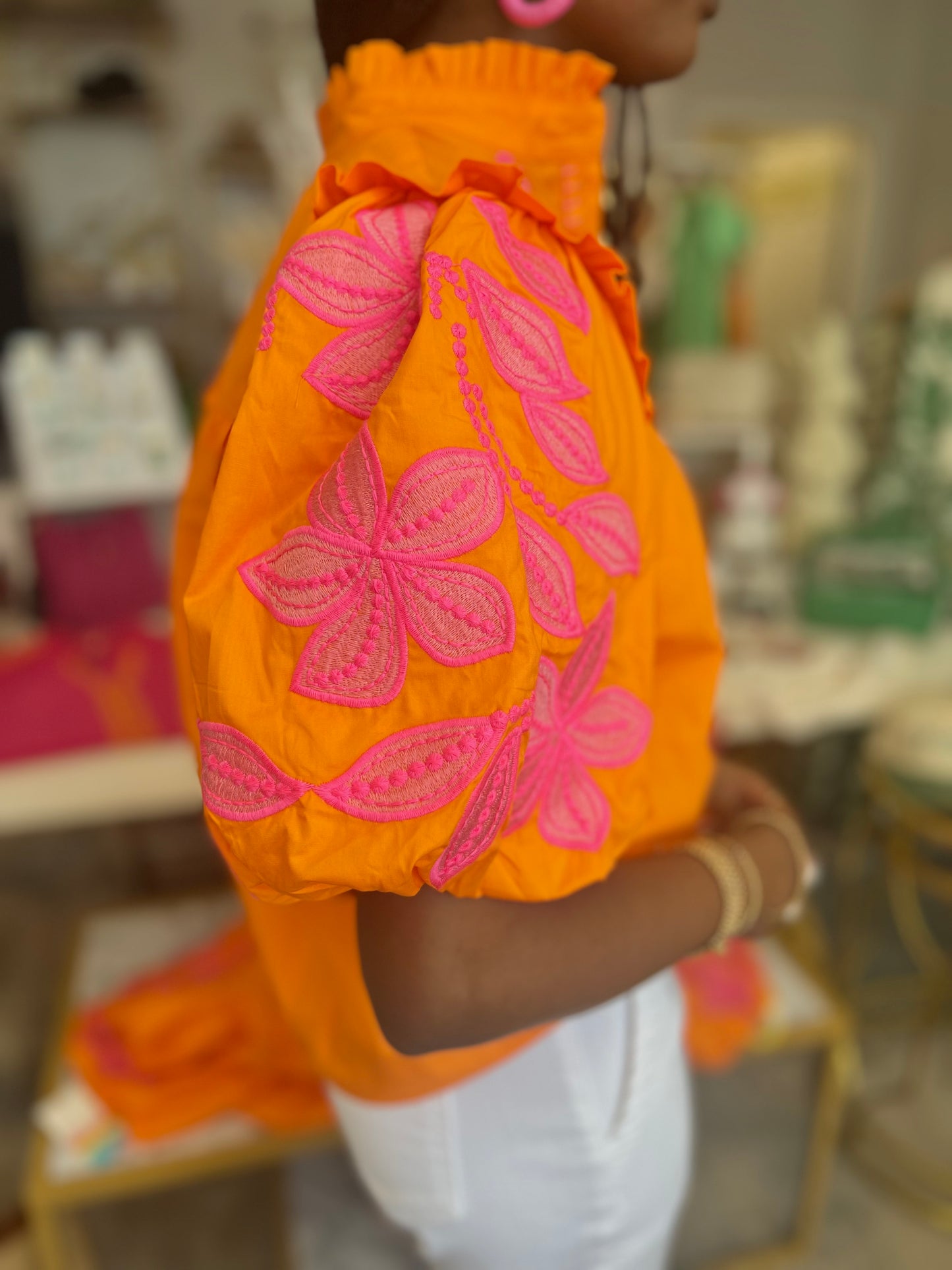 Live Out Loud Embroidered Top - Orange & Pink