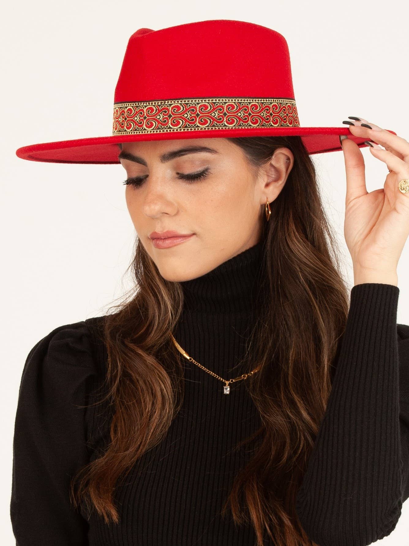 Women's Vegan felt Rancher hat with brocade trim in red