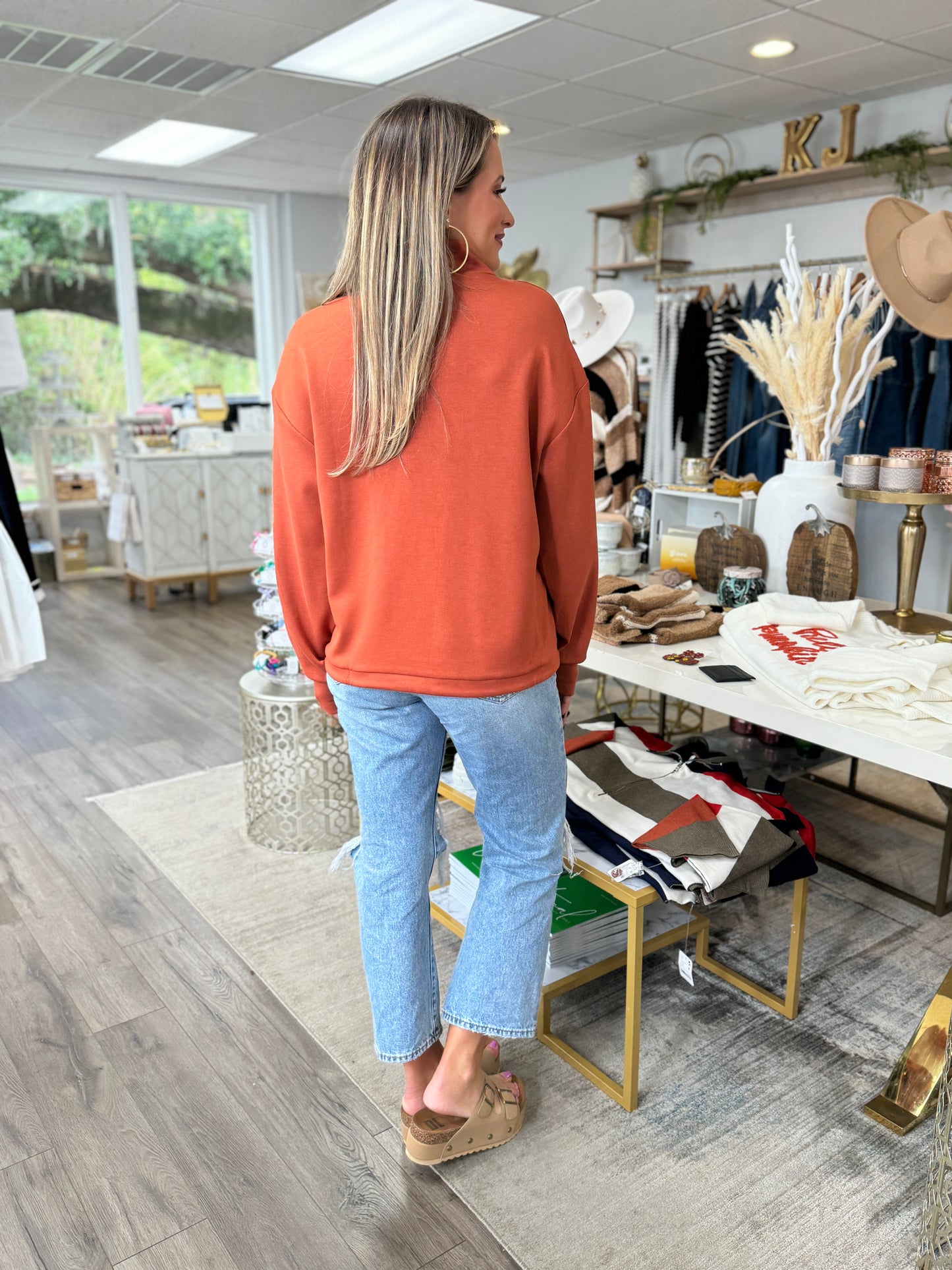 Mock Neck Scuba Pullover - Rust