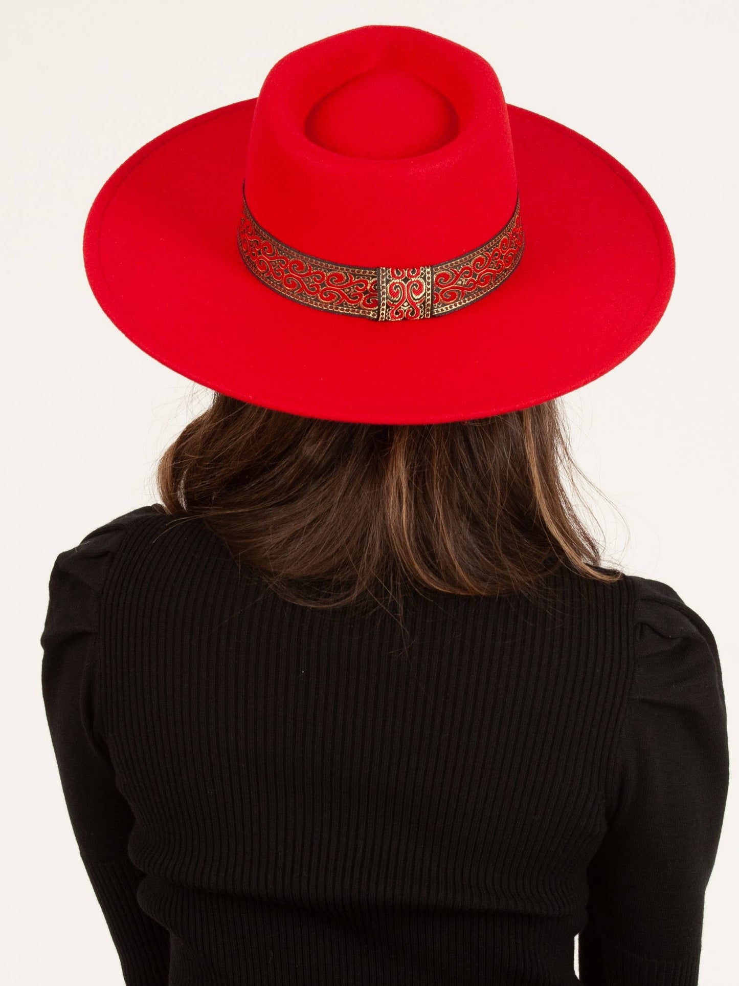 Women's Vegan felt Rancher hat with brocade trim in red