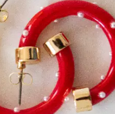 Lightweight Hypoallergenic Small Hoop Earrings - Red with Pearls