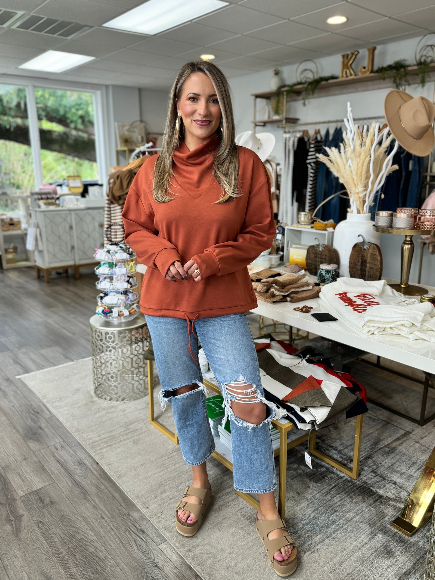 Mock Neck Scuba Pullover - Rust