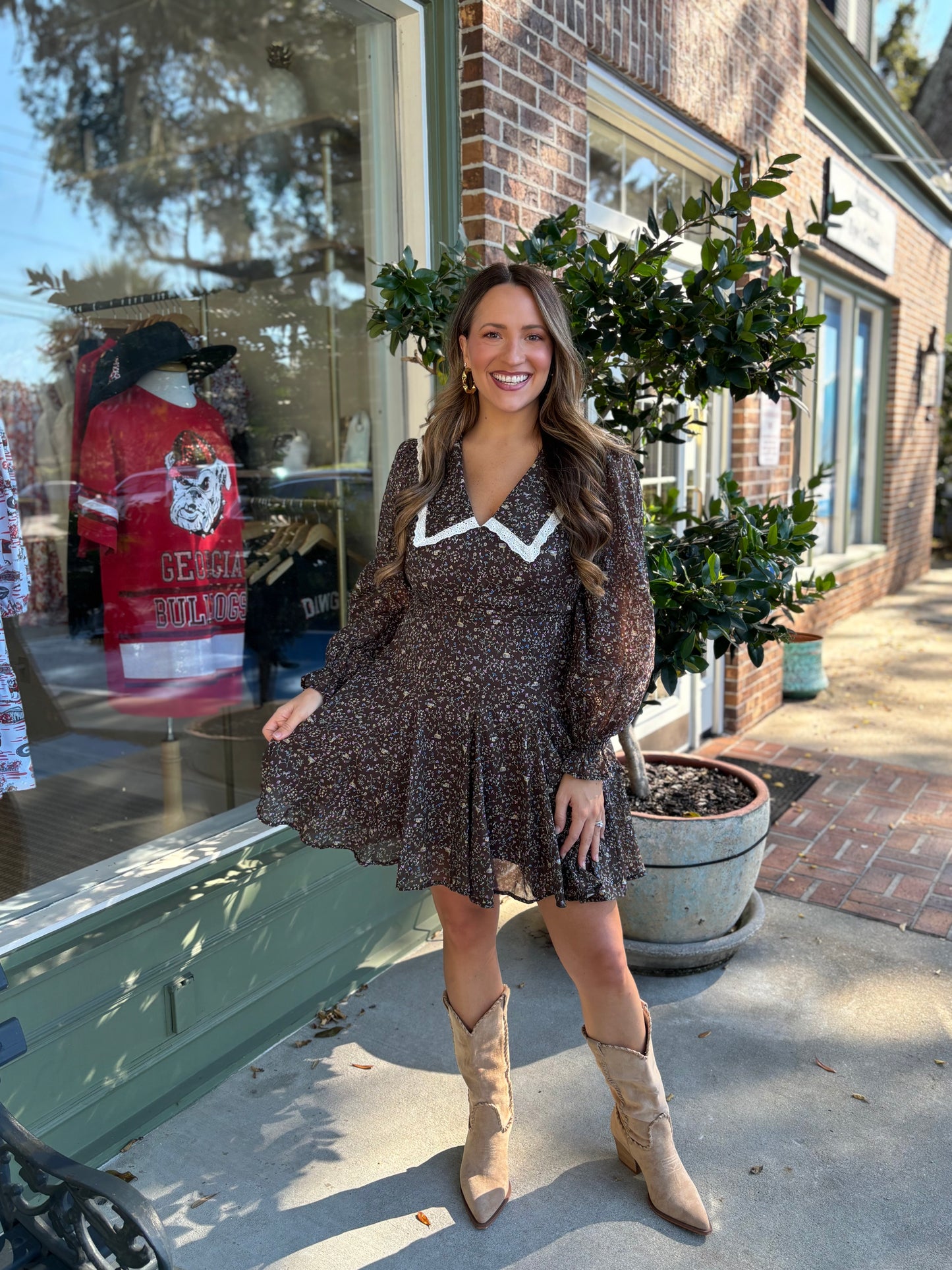 Peter Pan Collared Floral Dress - Mocha
