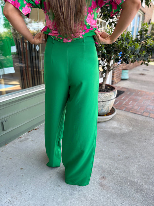 Chelsea Belted Wide Leg Trousers - Kelly-Green