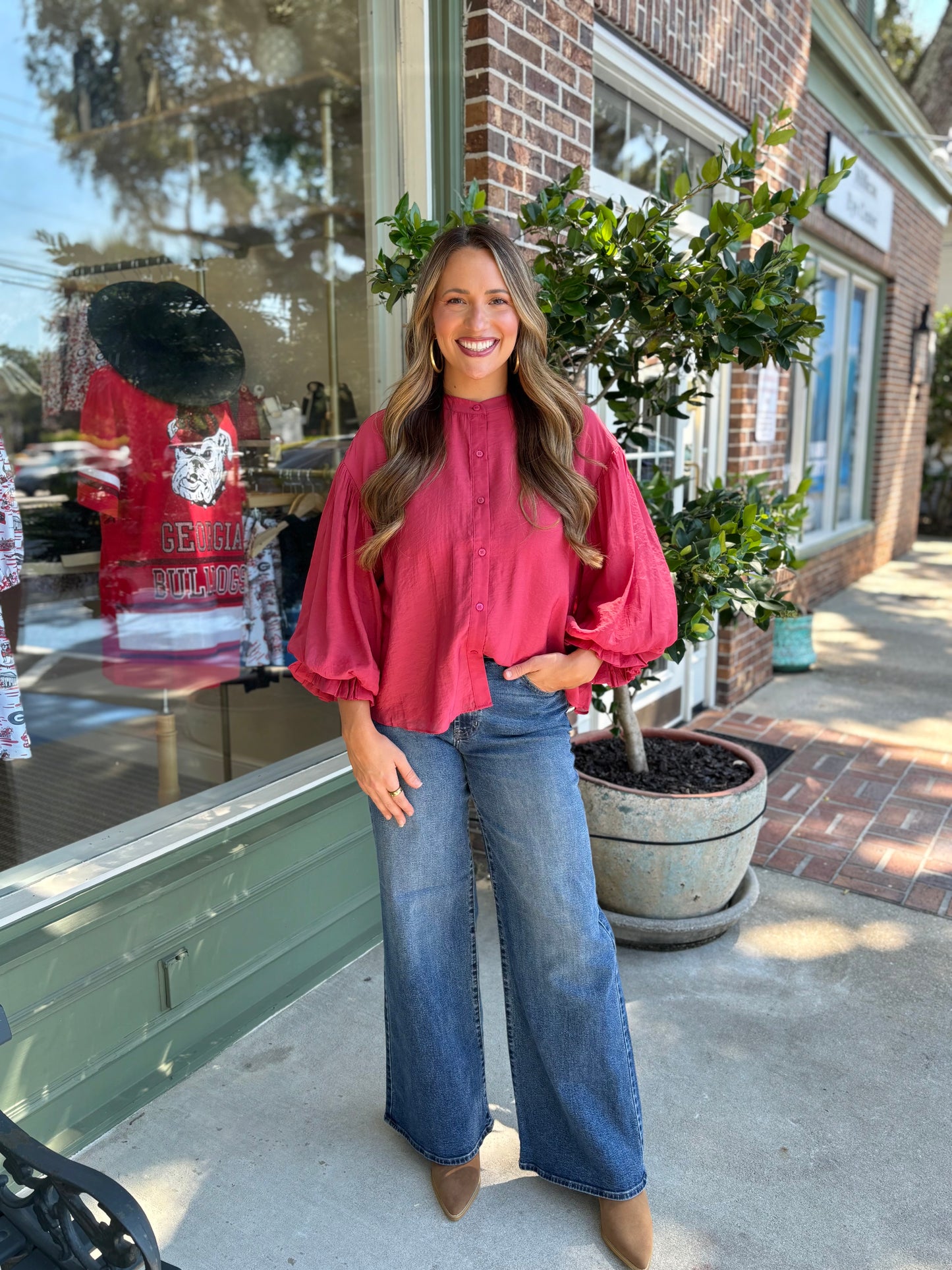 Balloon Sleeve Button Down - Berry