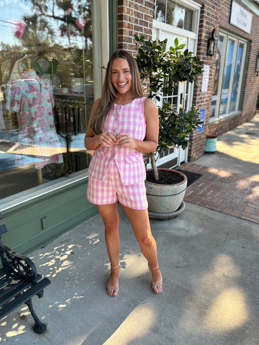 gingham pink set with scallop detail kj clothier