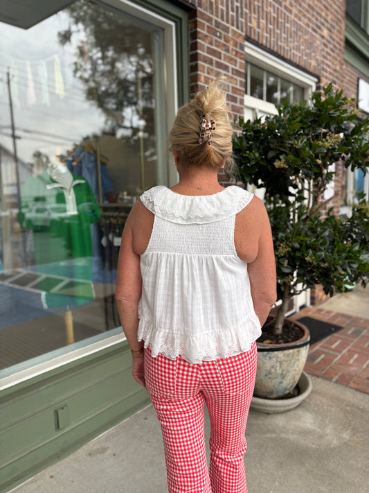 Sleeveless Blouse with Ruffled Embroidered Lace - Ivory