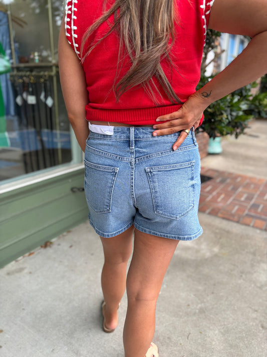 Hidden Slit Denim Shorts - Light Wash