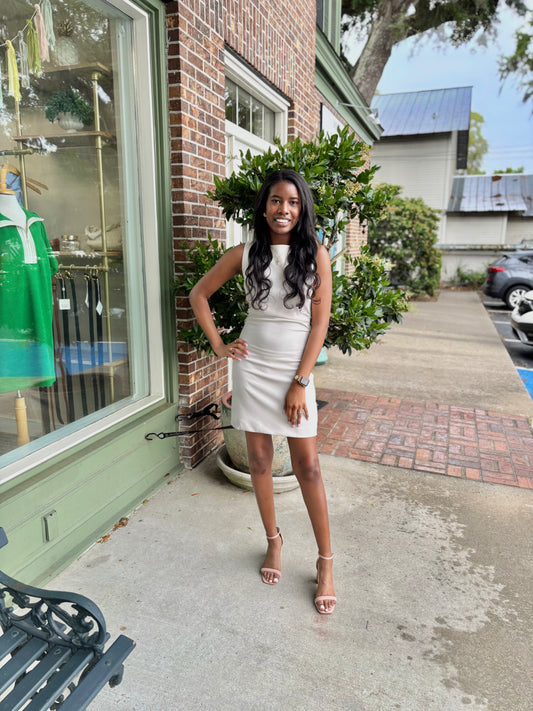 Boat Neck Sleeveless Mini Dress - Cream