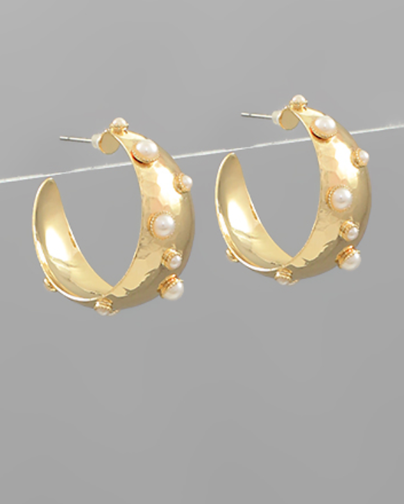 Studded Pearl & Metal Hoops - Gold