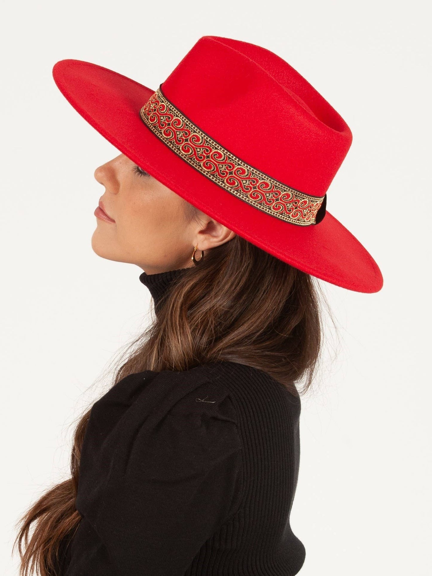 Women's Vegan felt Rancher hat with brocade trim in red
