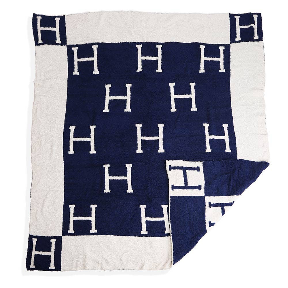 Initial Monogram H Patterned Reversible Throw Blanket - Navy