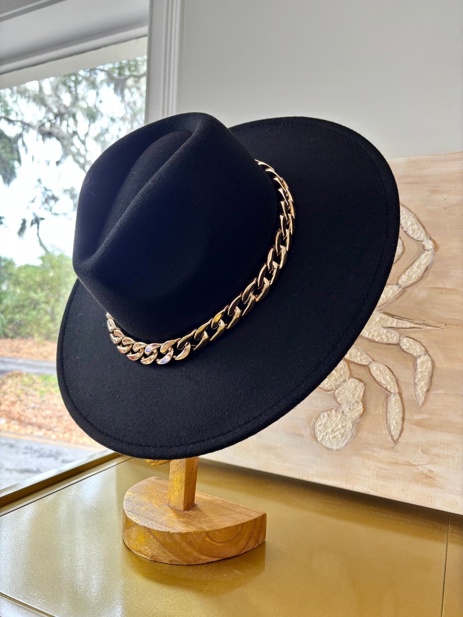 Beth Rancher Wool Hat - Black w/ Gold Chain - KJ Clothier