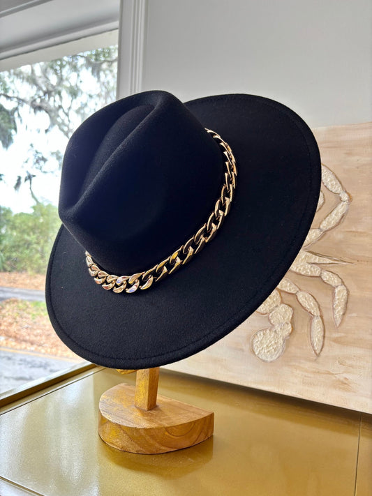 Beth Rancher Wool Hat - Black w/ Gold Chain - KJ Clothier