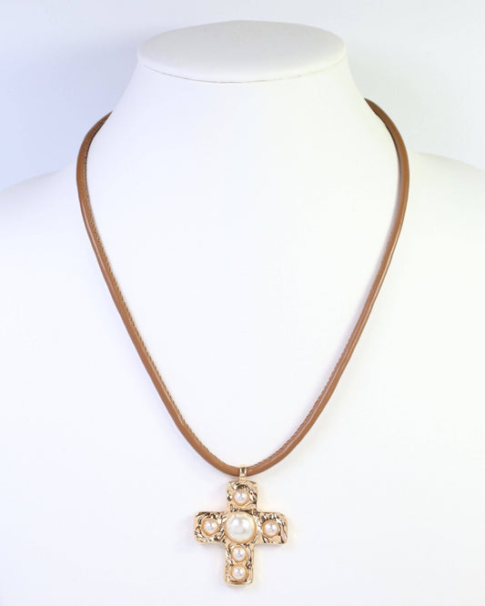 Boone Pearl Cross Cord Necklace - Gold - KJ Clothier