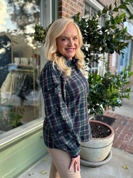 Bow Accent Puff Sleeve Collared Neck Plaid Shirt - Green Plaid - KJ Clothier