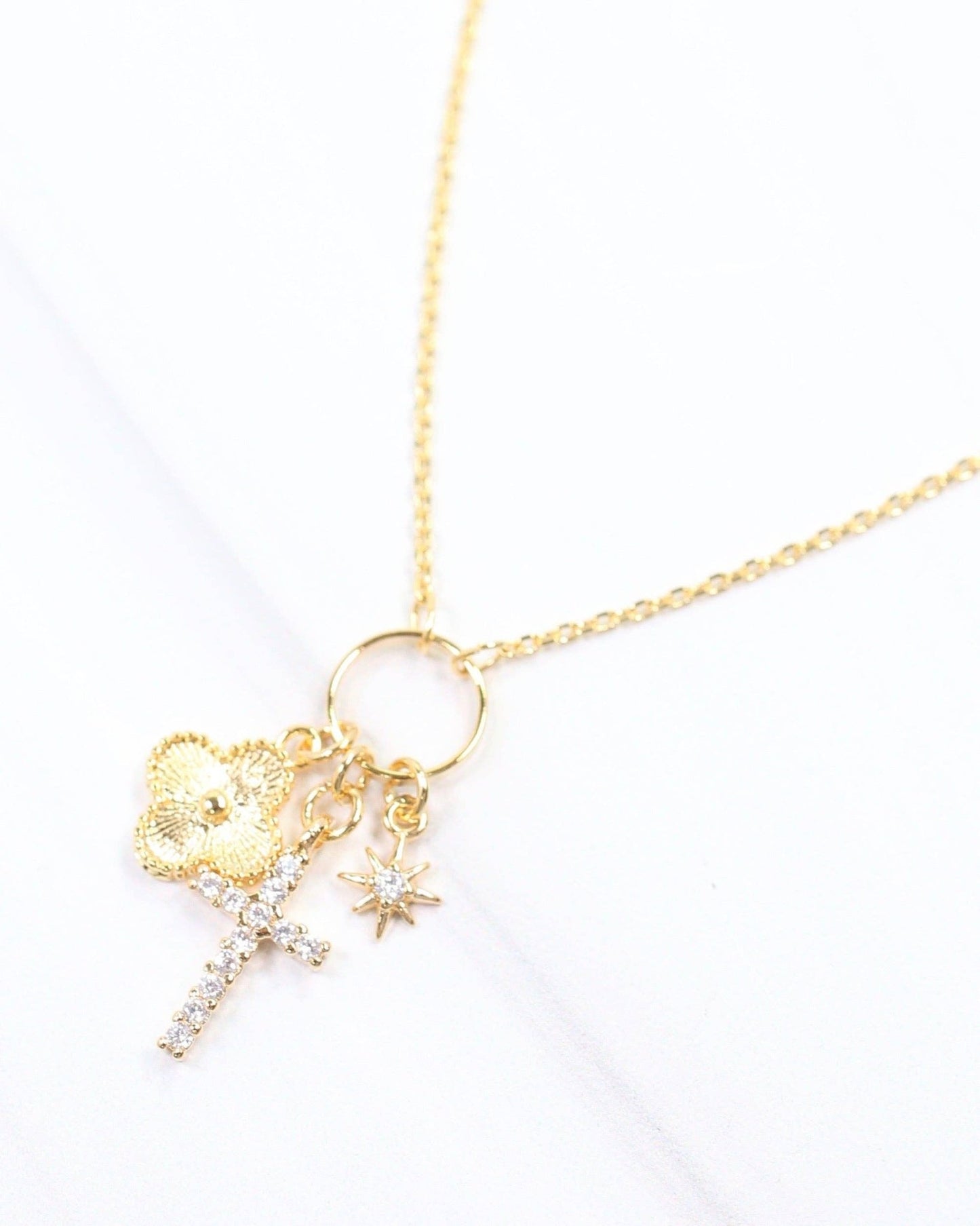 Cassel Cross and Clover Charm Necklace - Gold - KJ Clothier