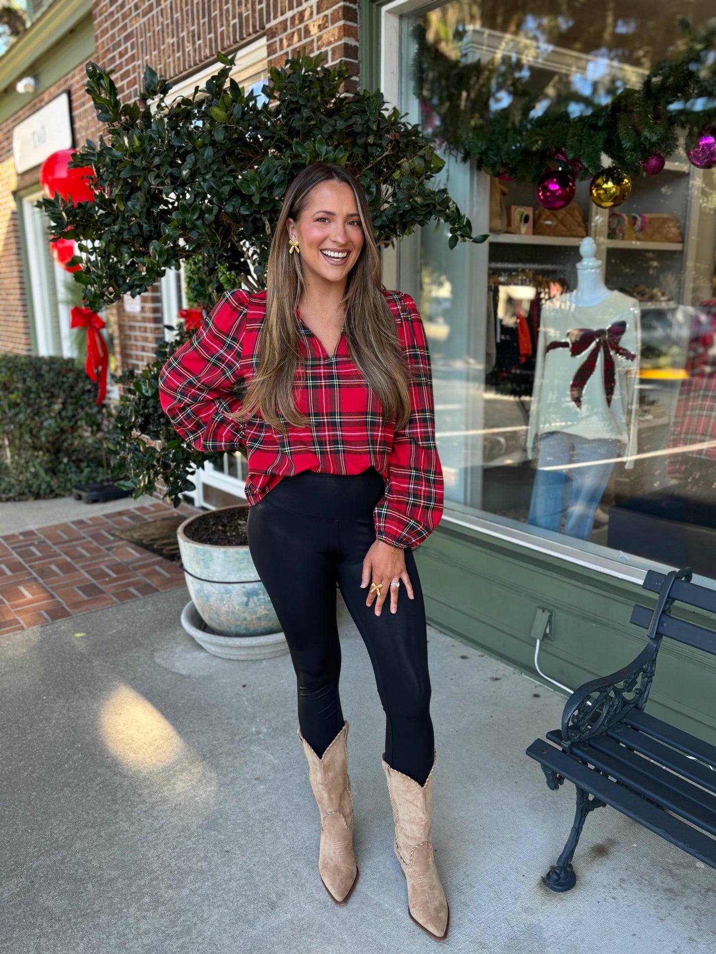 Christmas Plaid Balloon Sleeves Ruffled V - neck Top - Red Plaid - KJ Clothier