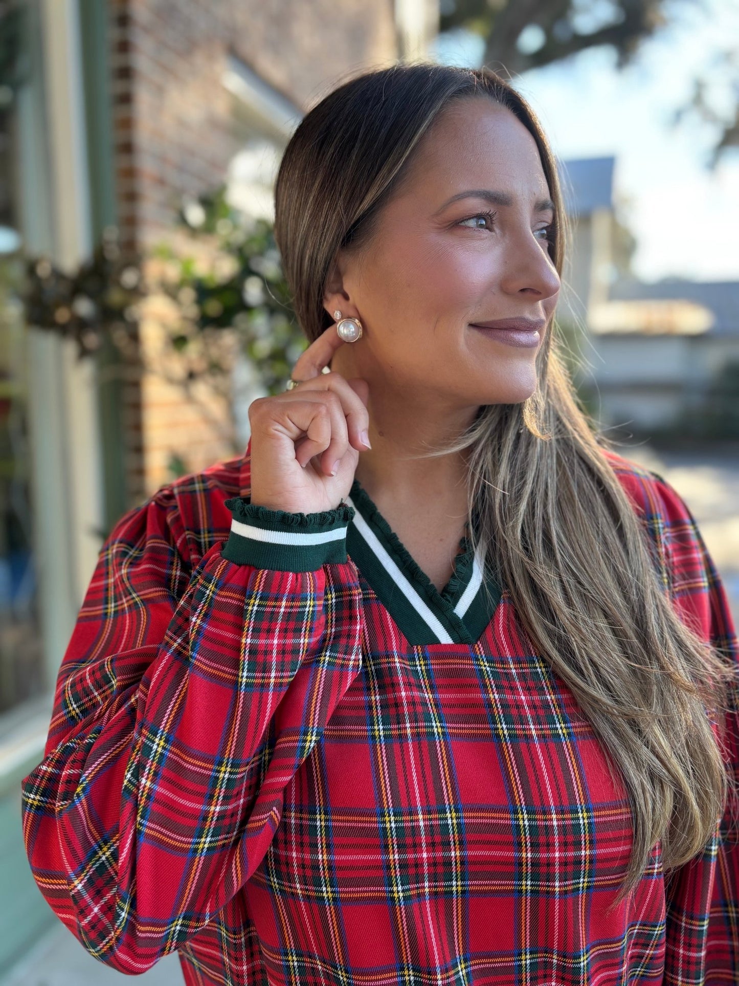 Christmas Plaid V Neck Collared Top With Ruffled - Red Plaid - KJ Clothier