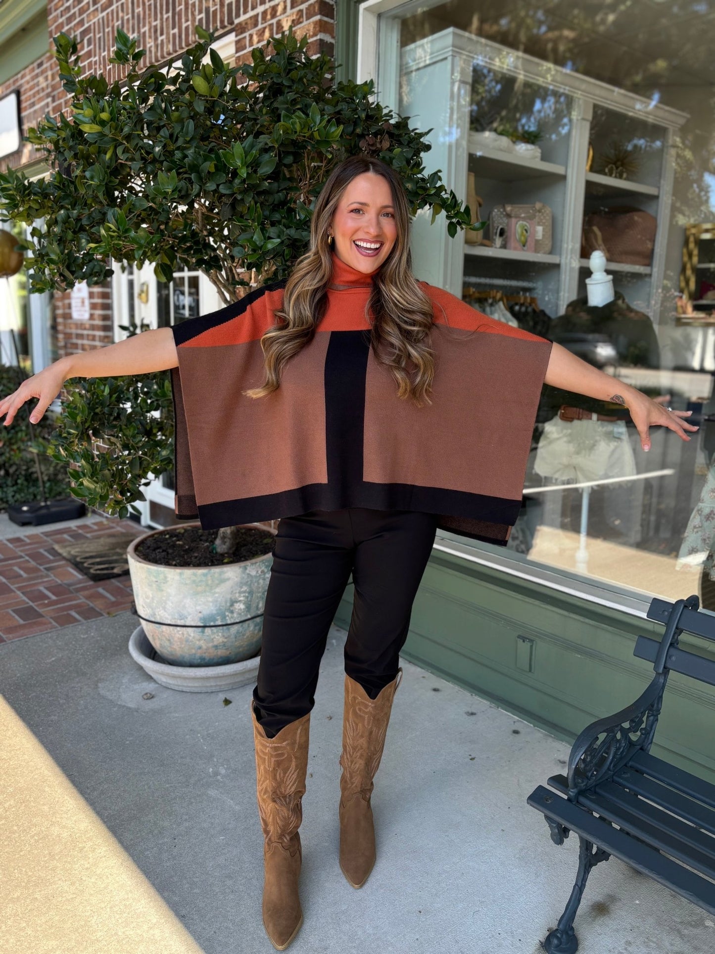 Colorblock Turtleneck Knit Poncho - Brown - KJ Clothier