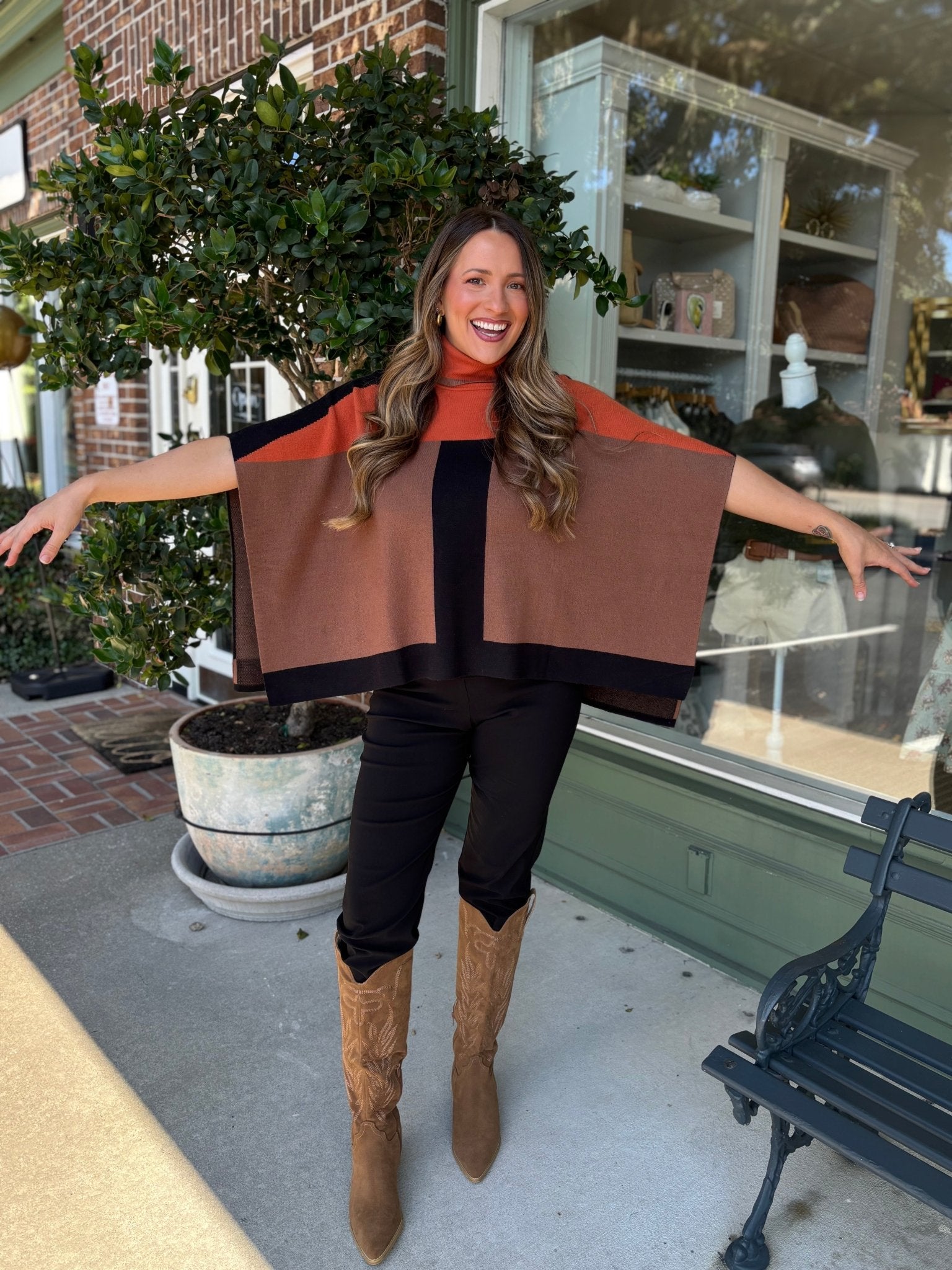 Colorblock Turtleneck Knit Poncho - Brown - KJ Clothier
