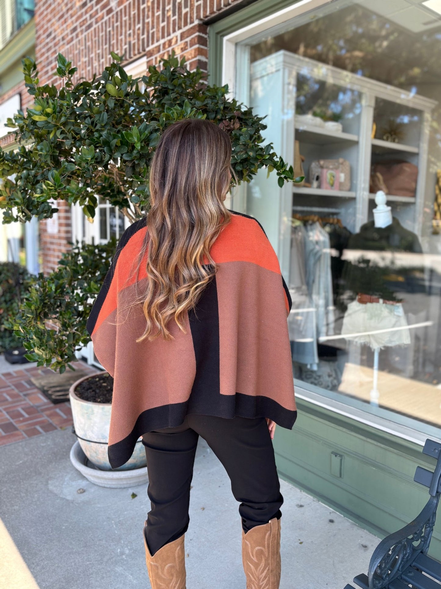 Colorblock Turtleneck Knit Poncho - Brown - KJ Clothier