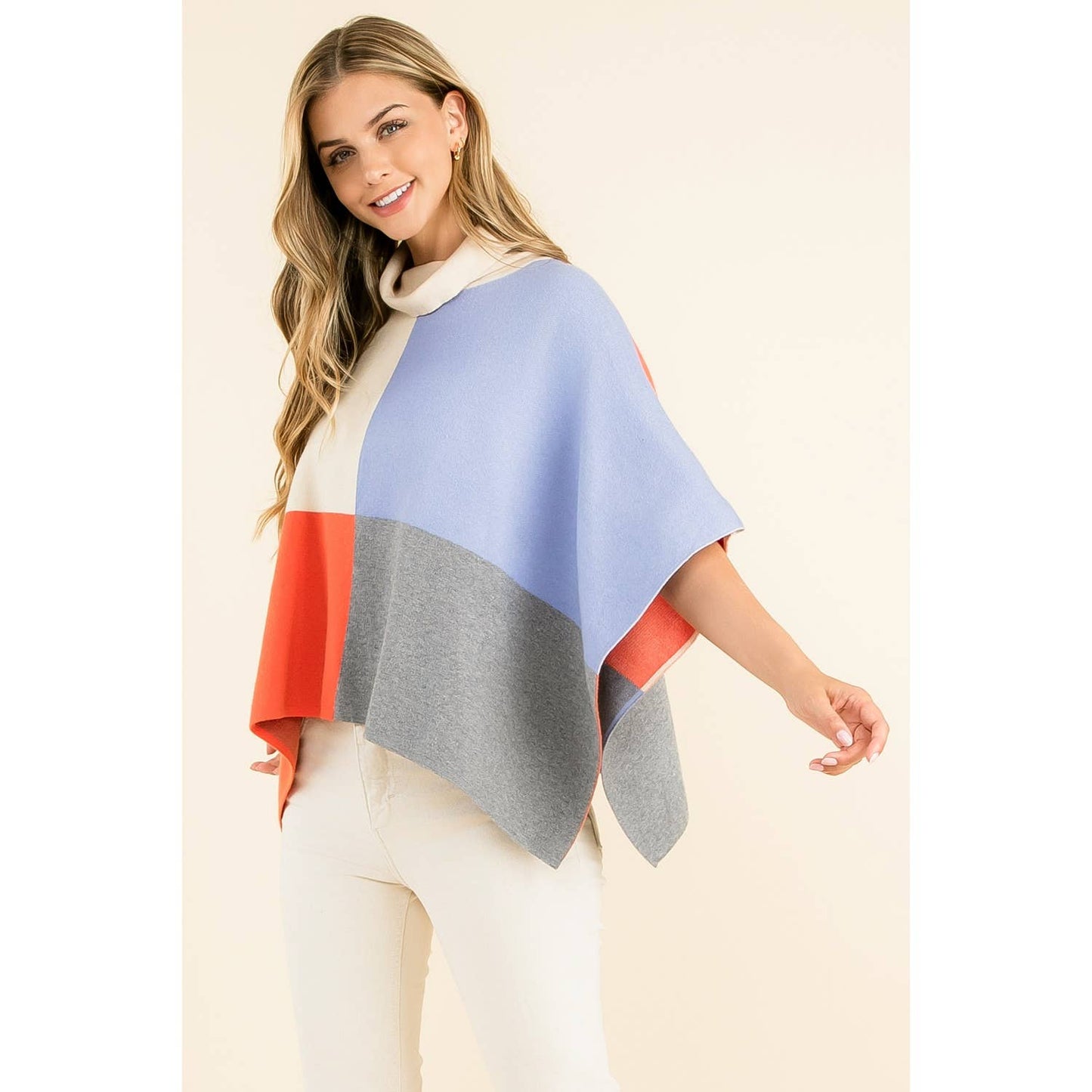 Cream Colorblock Turtleneck Sleeveless Poncho Wrap - Cream - KJ Clothier