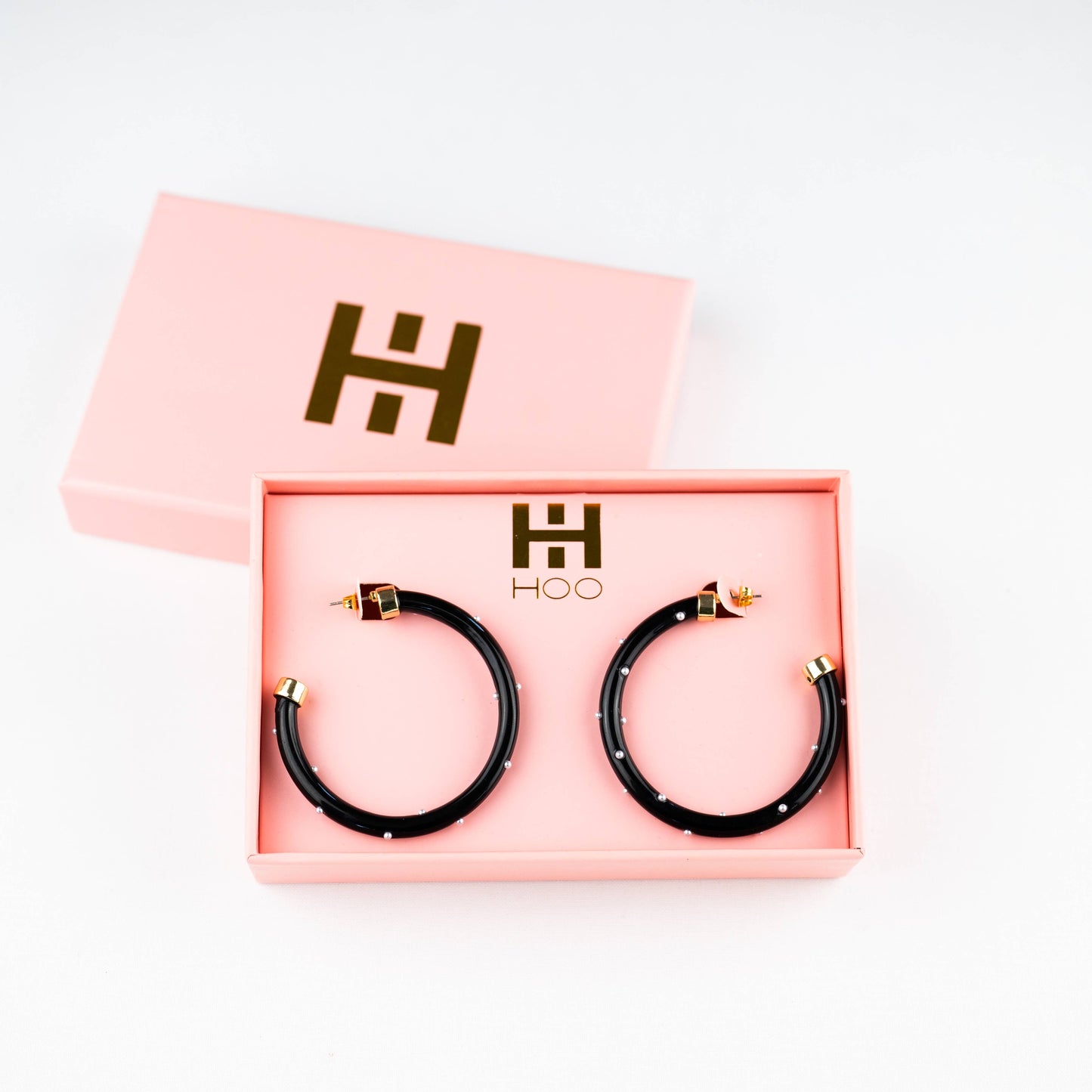 Lightweight Large Hoop Earrings - Black with Pearls