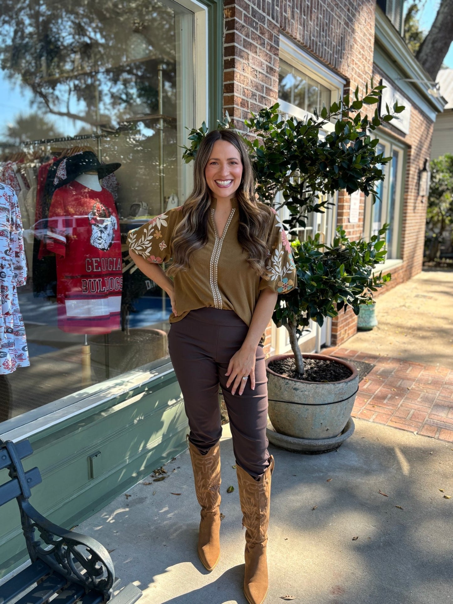 Embroidered Puff Sleeve Corduroy Top: Olive - KJ Clothier