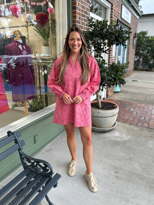 Eyelet Trim V - neck Dress - Dusty Coral - KJ Clothier