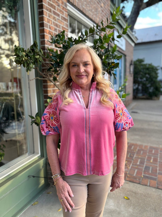 Floral Embroiderey Puff Sleeve Velvet Top - Pink - KJ Clothier
