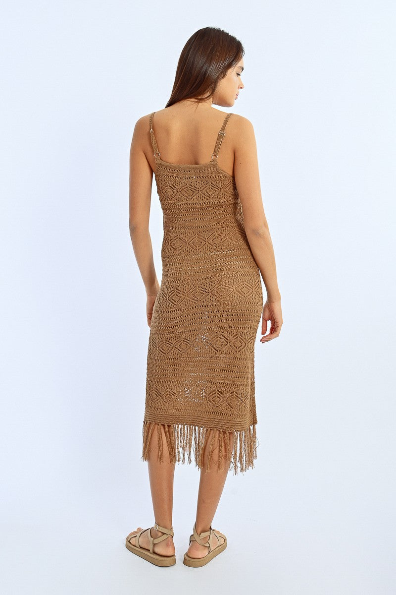 Fringed Crochet Dress - Brown