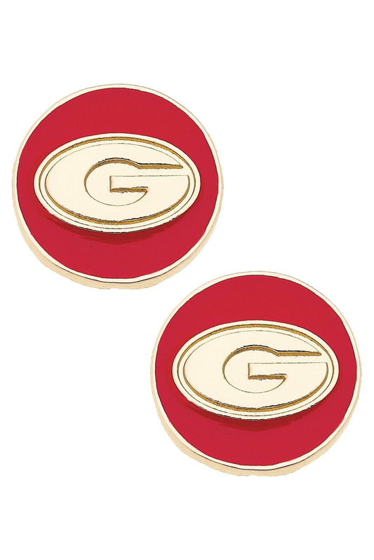 Georgia Bulldogs Logo Circle Stud Earrings in Red/Shiny Gold - KJ Clothier