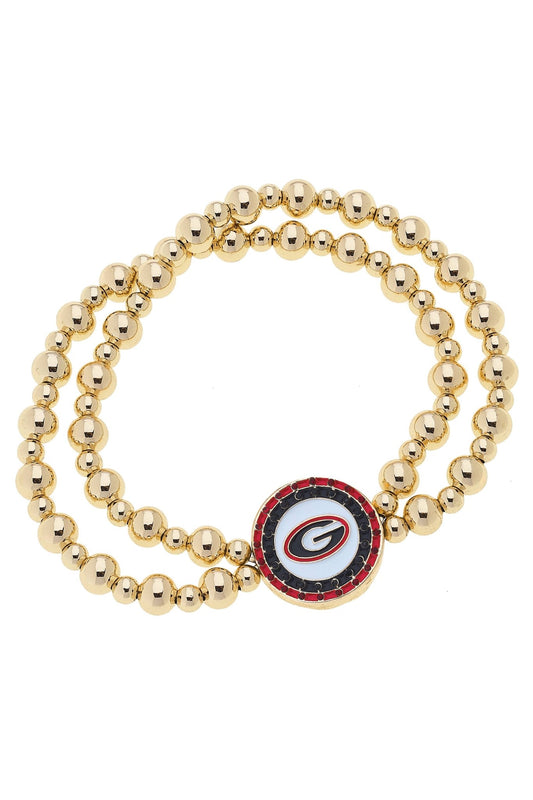 Georgia Bulldogs Pave Disc 2 - Row Ball Bead Stretch Bracelet - KJ Clothier