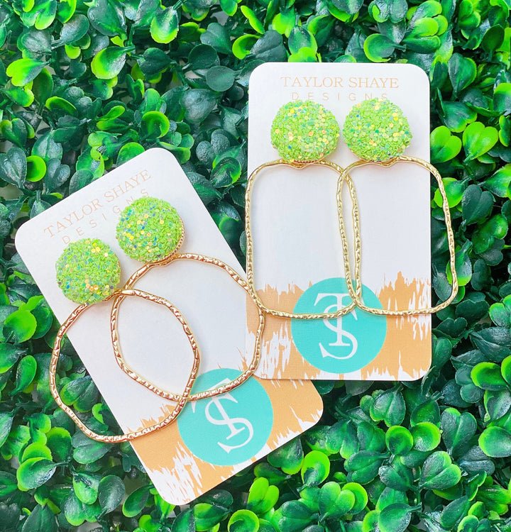 Glitter Top Hoops - Lime Green / Rectangle - KJ Clothier