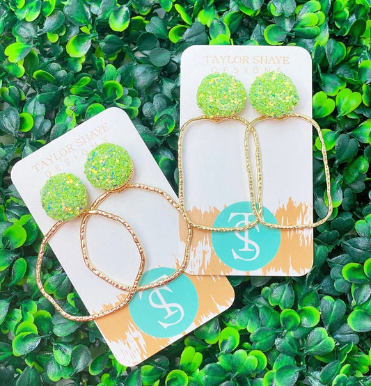 Glitter Top Hoops - Lime Green / Rectangle - KJ Clothier