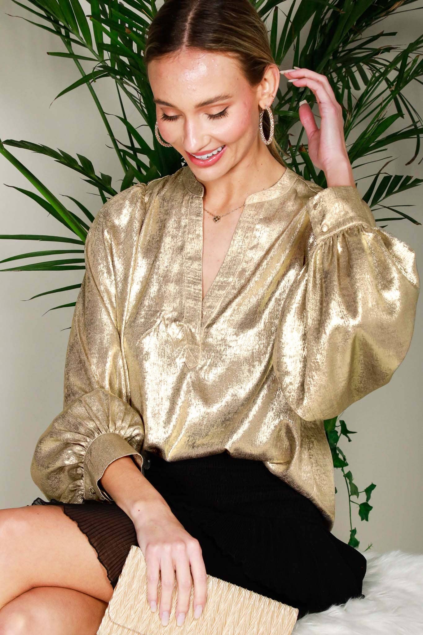 Henley Neck Long Balloon Sleeve Metallic Blouse Top - Gold - KJ Clothier